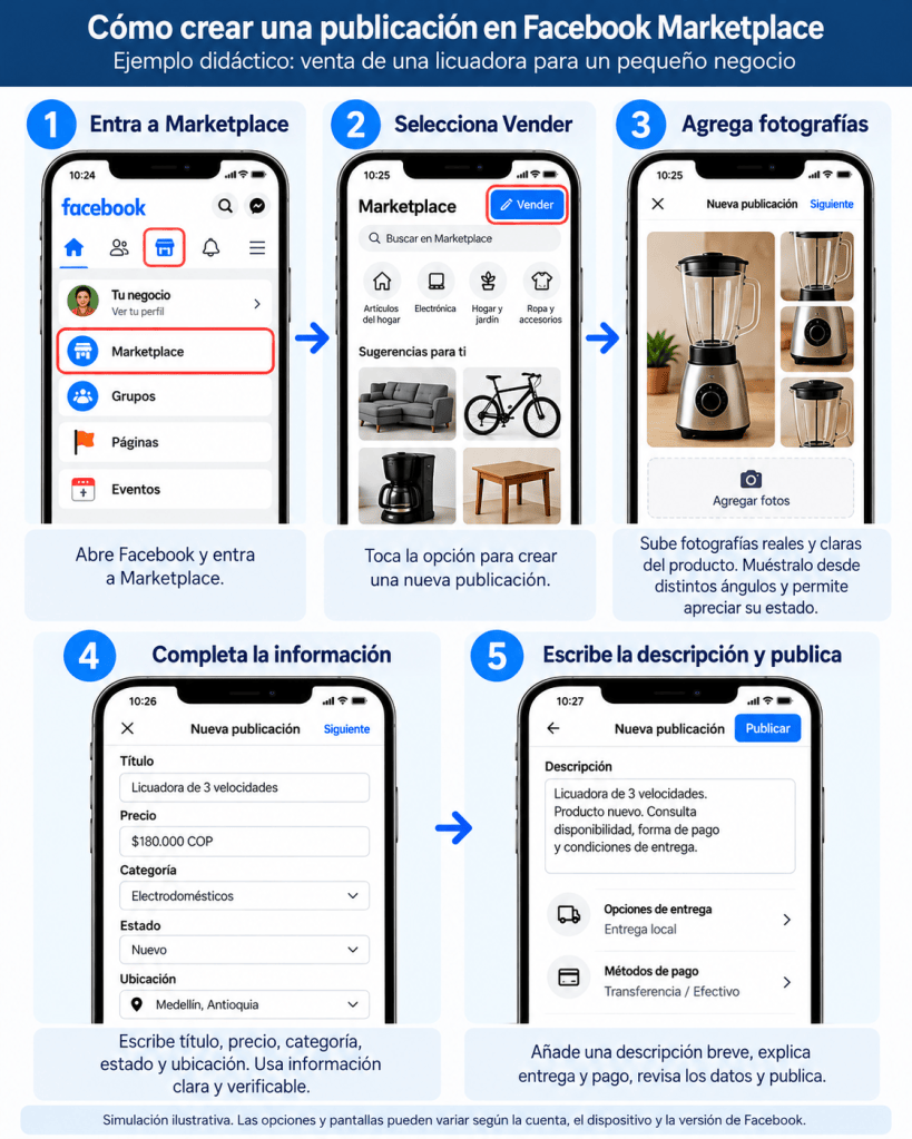 Infografía de cinco pasos para publicar una licuadora en Facebook Marketplace: acceder, seleccionar vender, agregar fotografías, completar los datos y publicar.