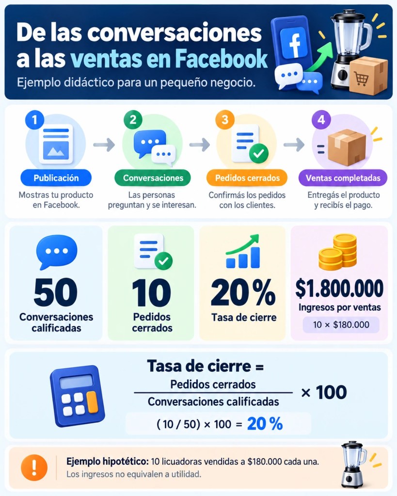 Infografía de conversión de ventas en Facebook: 50 conversaciones calificadas, 10 pedidos cerrados, tasa de cierre del 20 % e ingresos de $1.800.000.
Copiar ALT