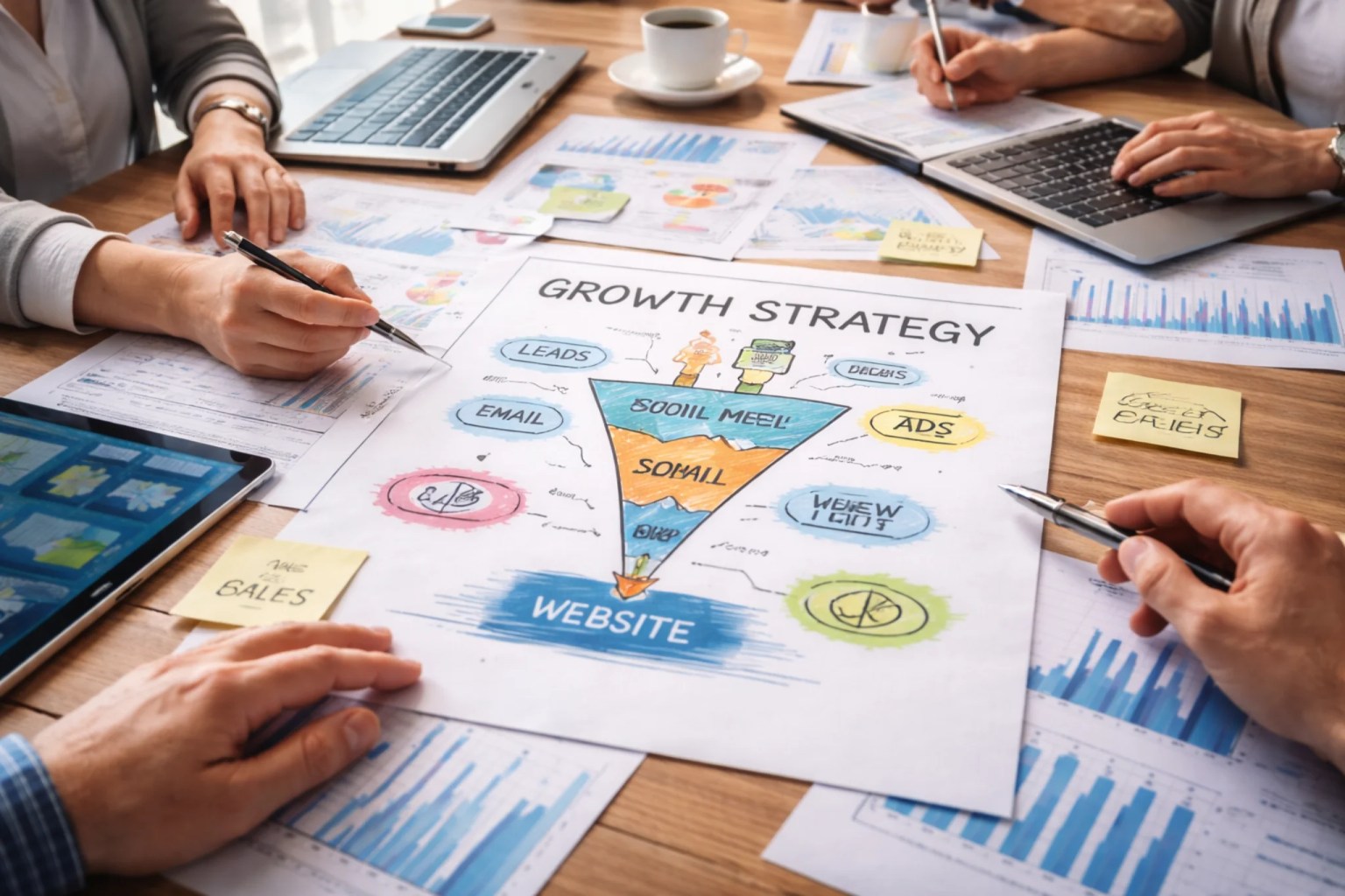 Equipo analizando canales de venta y crecimiento comercial con datos sobre una mesa de trabajo