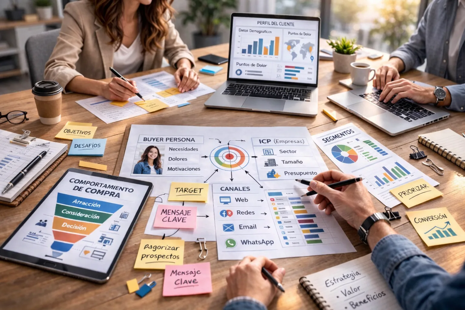 Equipo analizando perfiles y necesidades de clientes para definir el cliente ideal