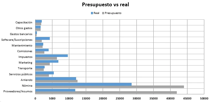 Gráfico de presupuesto vs real de gastos por categoría en sistema de control de caja para pymes