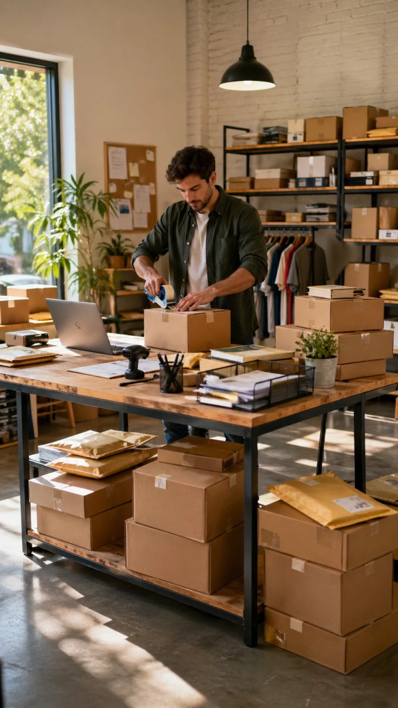 Small ecommerce entrepreneur preparing customer orders with boxes and a laptop, illustrating business capacity planning.