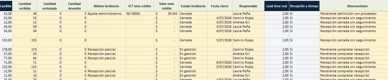 Módulo de incidencias y recepción en sistema de Excel