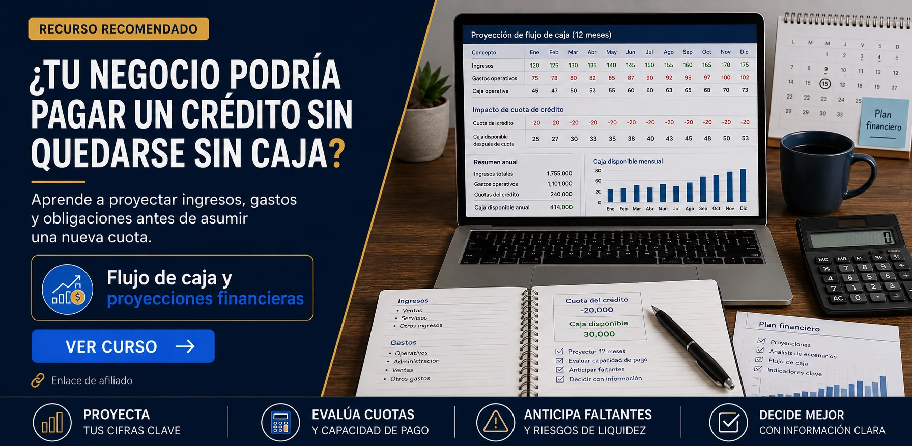 Programa de flujo de caja y proyecciones financieras para evaluar la capacidad de pago antes de solicitar un crédito