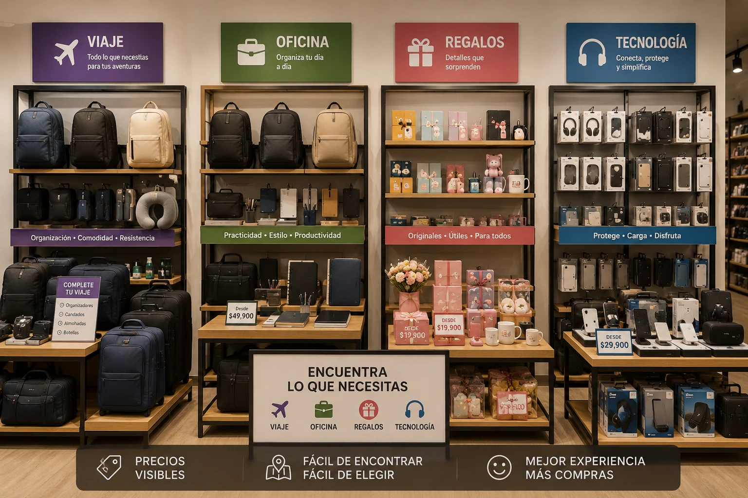 Ejemplo de exhibición de productos por categorías y necesidades del cliente en una tienda física para aumentar las ventas