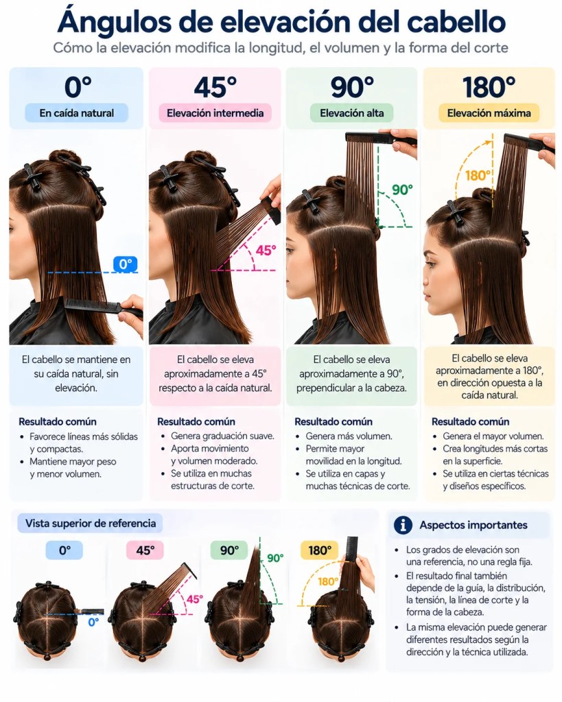 Ángulos de elevación de 0, 45, 90 y 180 grados en corte de cabello