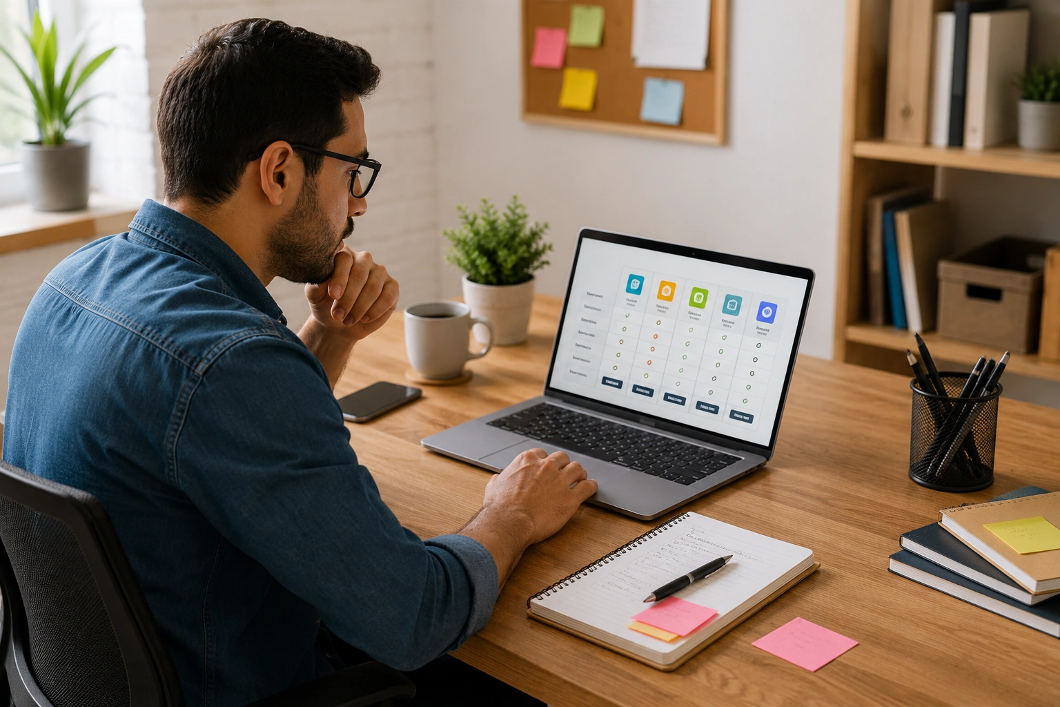 Emprendedor comparando herramientas y servicios digitales para su negocio