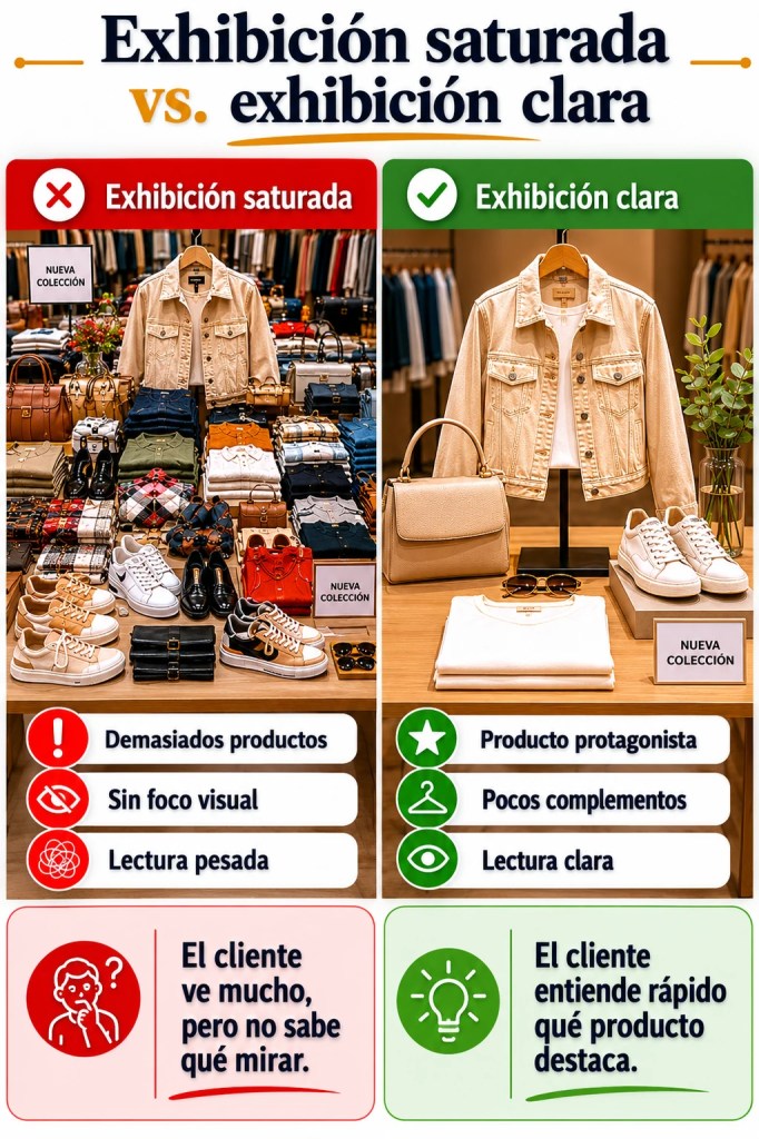 Comparación entre una exhibición saturada y una exhibición clara en una tienda de moda