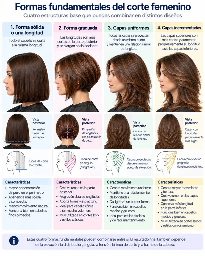 Formas fundamentales del corte femenino: sólida, graduada y capas
