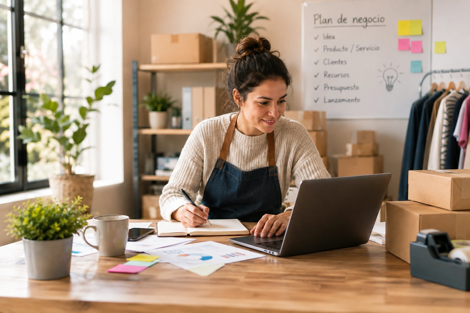 Emprendedora preparando la puesta en marcha de un negocio con portátil, notas y plan de trabajo